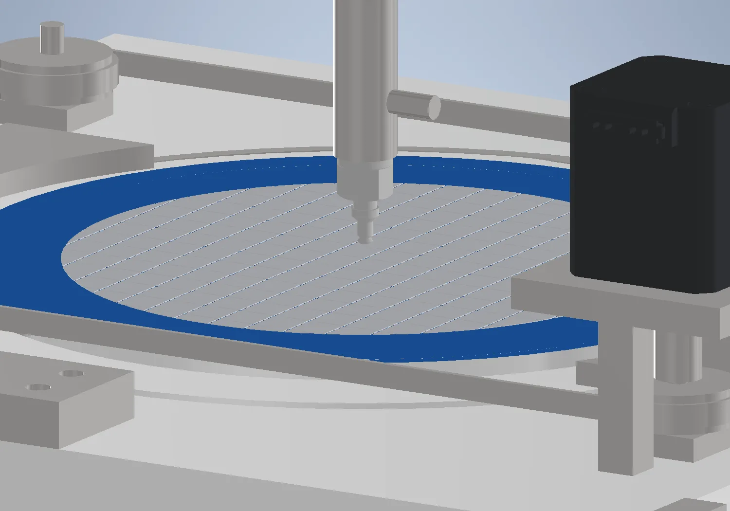 The DPT-150 test zone: needles rising under the tape as the collet comes down on the die.